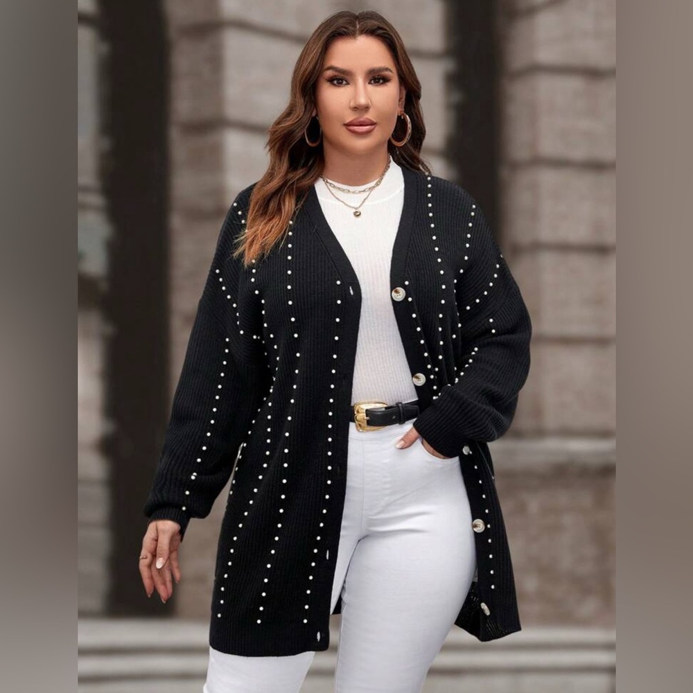 SHEIN black knit pearl cardigan, button detail • can fit sizes XS-2X
